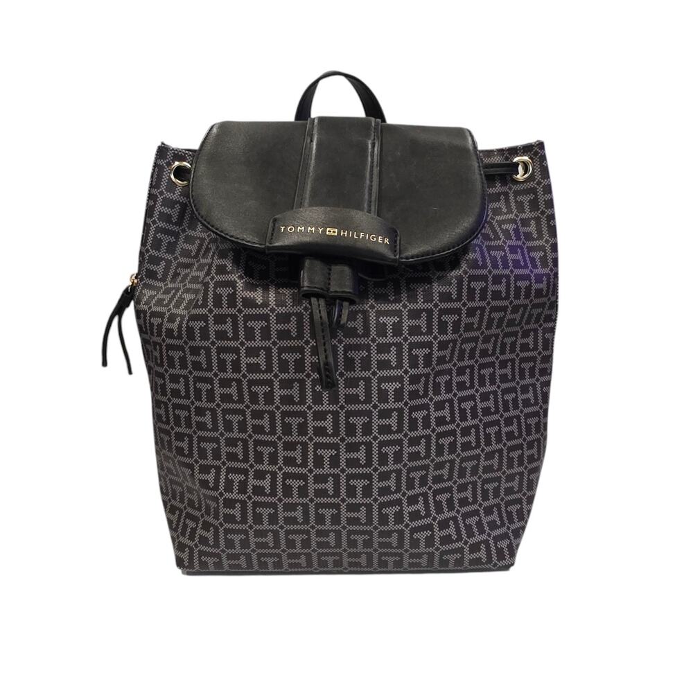 Tommy Hilfiger Women’s Backpack Bag, Black and Gray Logos, Top Flap drawstring